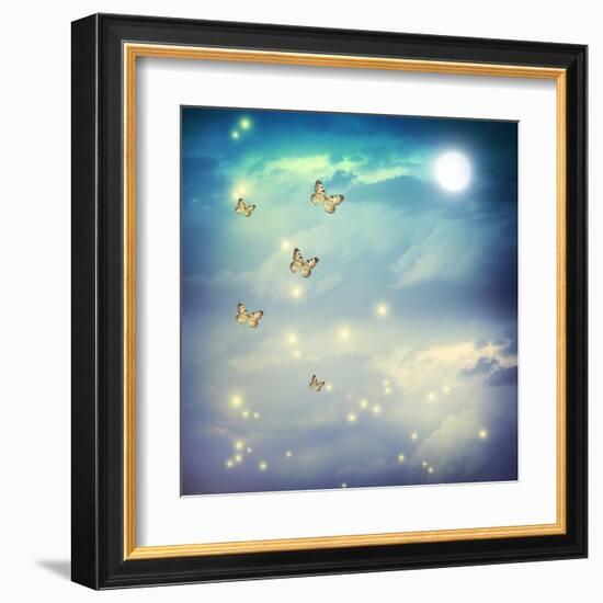 Butterflies In A Fantasy Moonligt Landscape-Melpomene-Framed Art Print