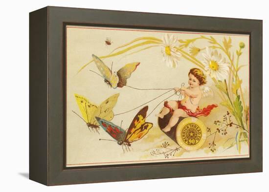 Butterflies Pulling Cherub on Thread Spool Chariot-null-Framed Premier Image Canvas