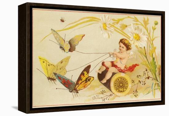 Butterflies Pulling Cherub on Thread Spool Chariot-null-Framed Premier Image Canvas