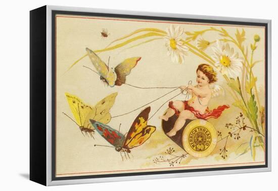 Butterflies Pulling Cherub on Thread Spool Chariot-null-Framed Premier Image Canvas