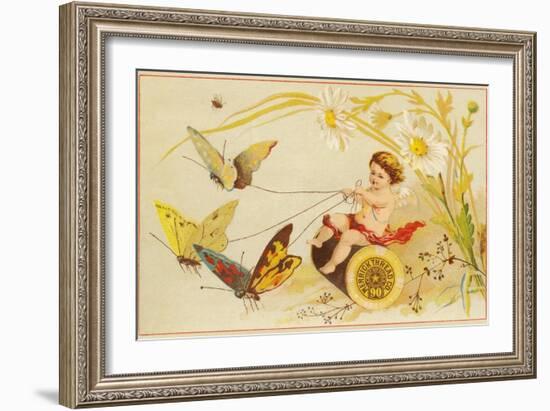 Butterflies Pulling Cherub on Thread Spool Chariot-null-Framed Giclee Print