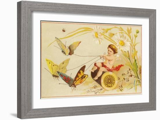 Butterflies Pulling Cherub on Thread Spool Chariot-null-Framed Giclee Print