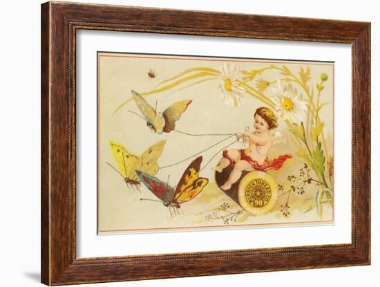 Butterflies Pulling Cherub on Thread Spool Chariot-null-Framed Giclee Print