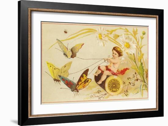 Butterflies Pulling Cherub on Thread Spool Chariot-null-Framed Giclee Print