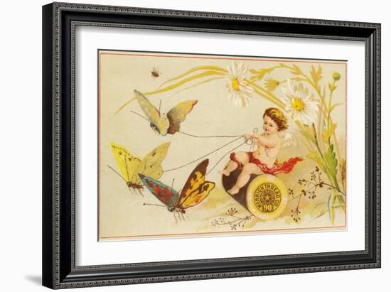 Butterflies Pulling Cherub on Thread Spool Chariot-null-Framed Giclee Print