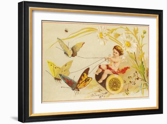 Butterflies Pulling Cherub on Thread Spool Chariot-null-Framed Giclee Print