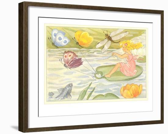 Butterflies Pulling Girl on Lily Pad-null-Framed Art Print