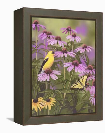 Butterfly and Finch Amongst Flowers-William Vanderdasson-Framed Premier Image Canvas