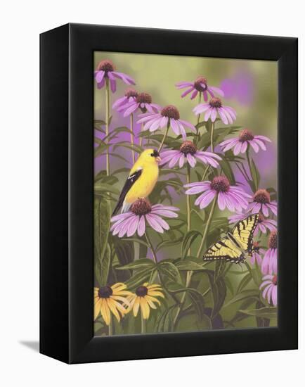 Butterfly and Finch Amongst Flowers-William Vanderdasson-Framed Premier Image Canvas