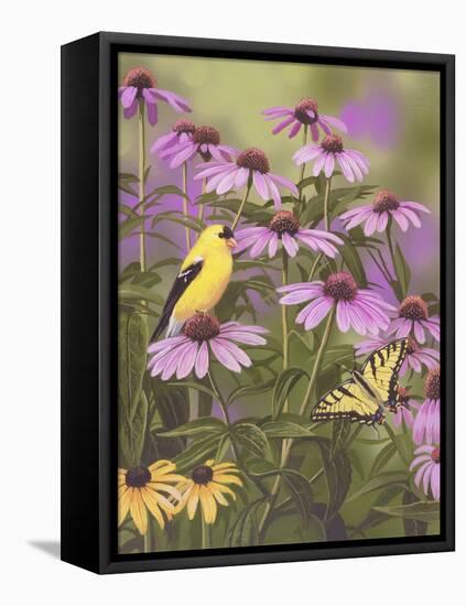 Butterfly and Finch Amongst Flowers-William Vanderdasson-Framed Premier Image Canvas