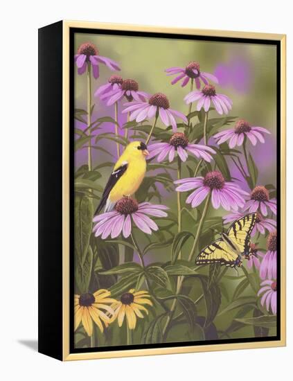 Butterfly and Finch Amongst Flowers-William Vanderdasson-Framed Premier Image Canvas