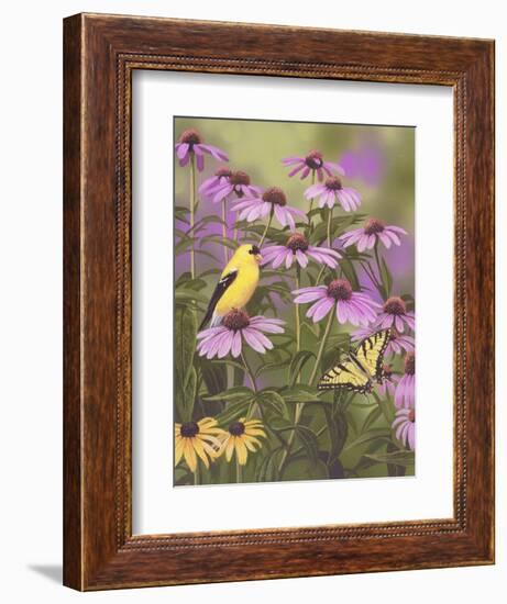 Butterfly and Finch Amongst Flowers-William Vanderdasson-Framed Giclee Print