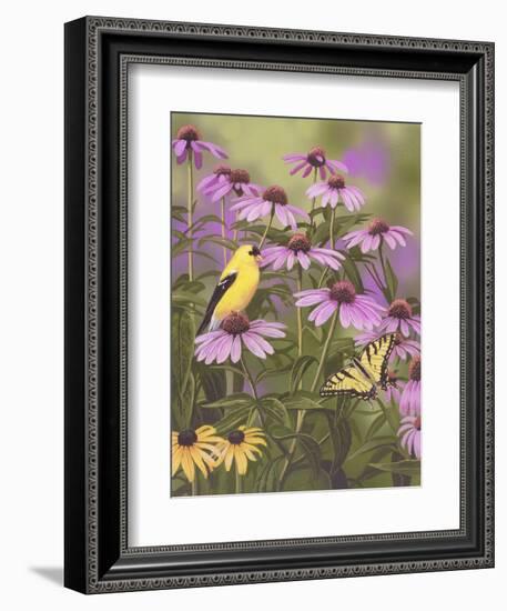 Butterfly and Finch Amongst Flowers-William Vanderdasson-Framed Giclee Print