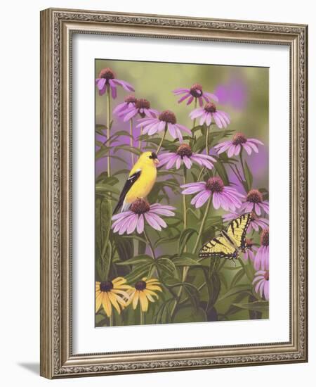 Butterfly and Finch Amongst Flowers-William Vanderdasson-Framed Giclee Print