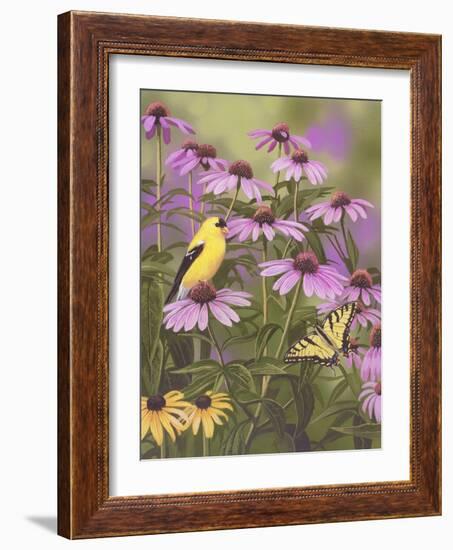 Butterfly and Finch Amongst Flowers-William Vanderdasson-Framed Giclee Print