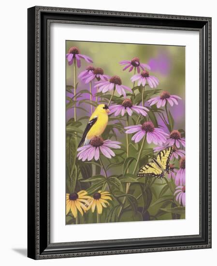 Butterfly and Finch Amongst Flowers-William Vanderdasson-Framed Giclee Print