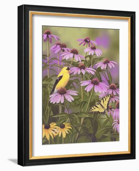 Butterfly and Finch Amongst Flowers-William Vanderdasson-Framed Giclee Print