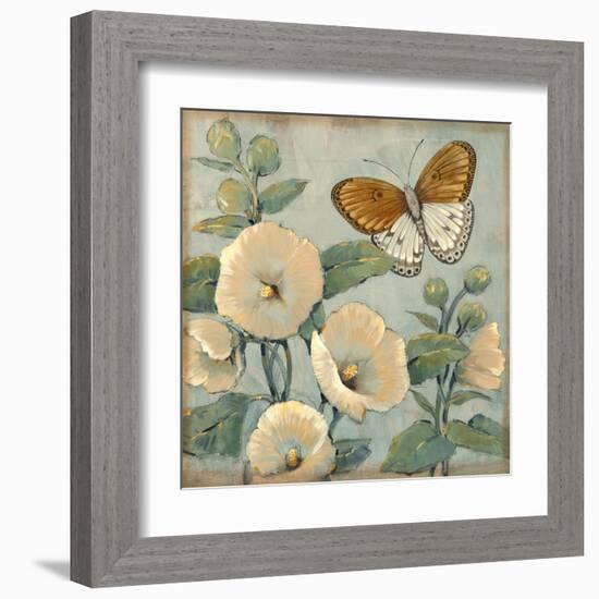 Butterfly and Hollyhocks I-Tim O'toole-Framed Art Print