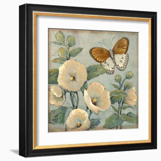 Butterfly and Hollyhocks I-Tim O'toole-Framed Art Print