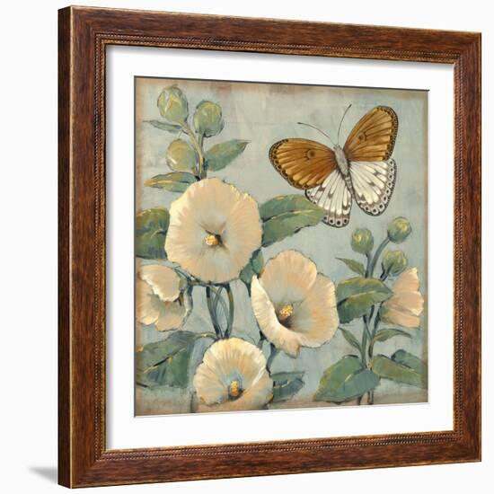 Butterfly and Hollyhocks I-Tim O'toole-Framed Art Print