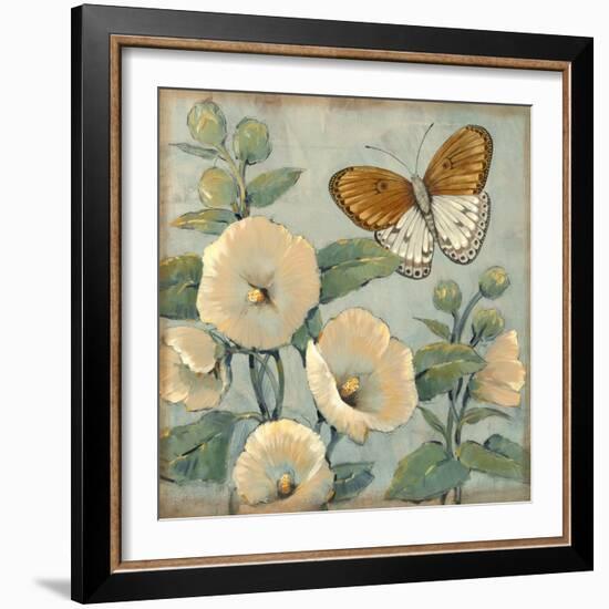 Butterfly and Hollyhocks I-Tim O'toole-Framed Art Print