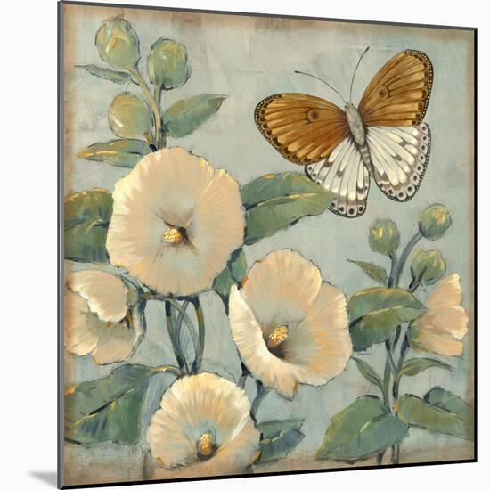Butterfly and Hollyhocks I-Tim O'toole-Mounted Art Print