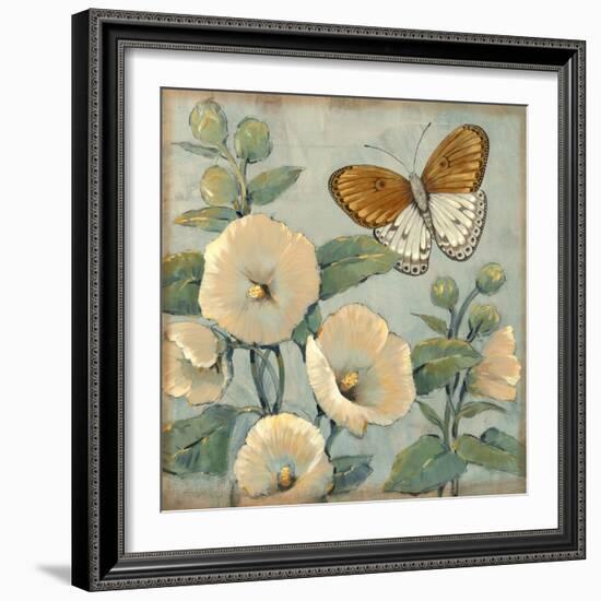 Butterfly and Hollyhocks I-Tim O'toole-Framed Art Print