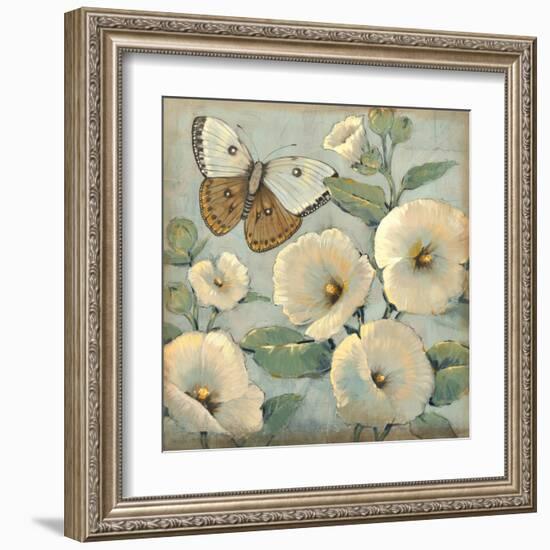 Butterfly and Hollyhocks II-Tim O'toole-Framed Art Print