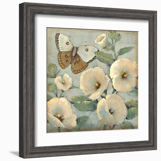 Butterfly and Hollyhocks II-Tim O'toole-Framed Art Print