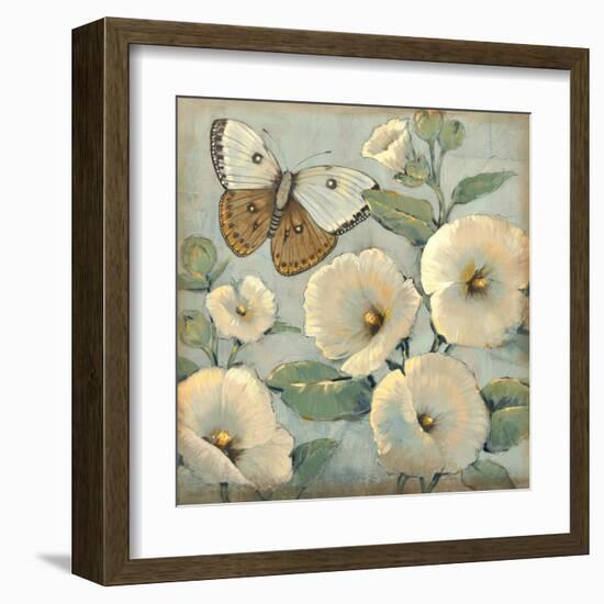 Butterfly and Hollyhocks II-Tim O'toole-Framed Art Print