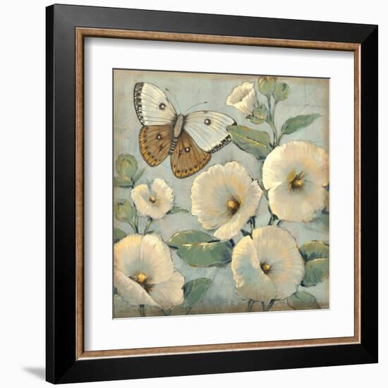 Butterfly and Hollyhocks II-Tim O'toole-Framed Art Print