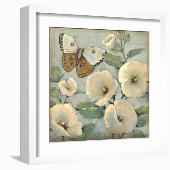 Butterfly and Hollyhocks II-Tim O'toole-Framed Art Print