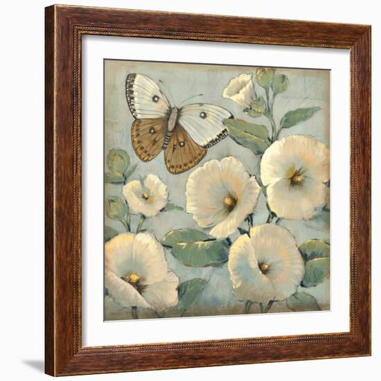 Butterfly and Hollyhocks II-Tim O'toole-Framed Art Print