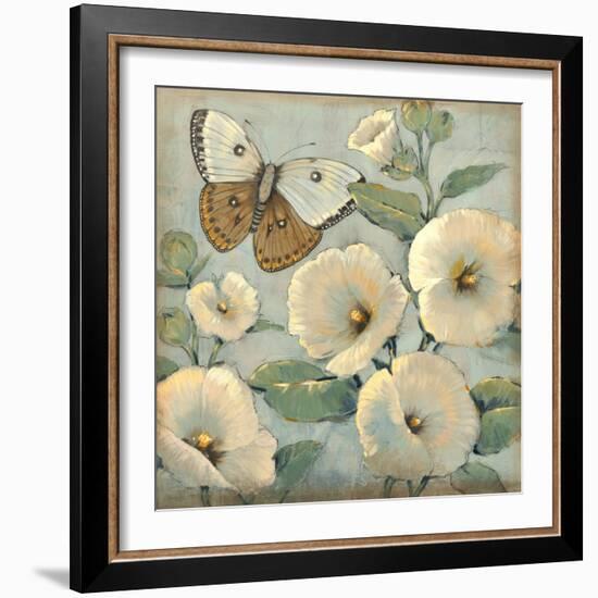 Butterfly and Hollyhocks II-Tim O'toole-Framed Art Print