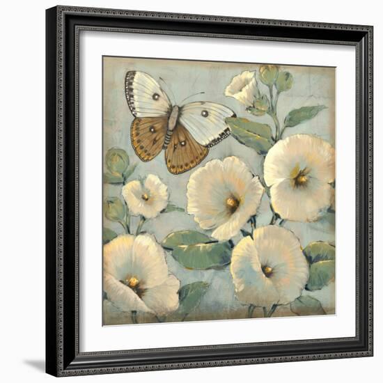 Butterfly and Hollyhocks II-Tim O'toole-Framed Art Print