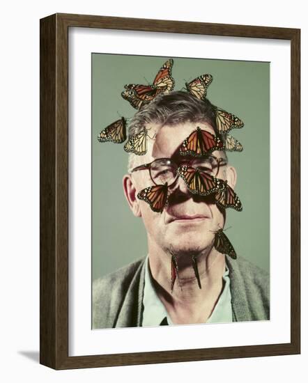 Butterfly Breeder Carl Anderson with Monarch Butterflies on His Face-John Dominis-Framed Photographic Print