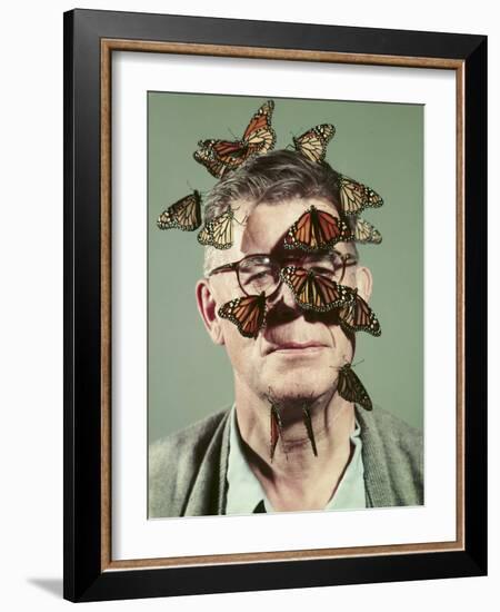 Butterfly Breeder Carl Anderson with Monarch Butterflies on His Face-John Dominis-Framed Photographic Print