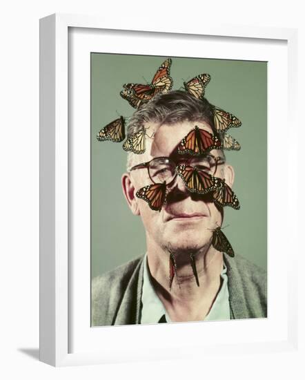 Butterfly Breeder Carl Anderson with Monarch Butterflies on His Face-John Dominis-Framed Photographic Print