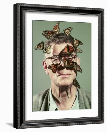 Butterfly Breeder Carl Anderson with Monarch Butterflies on His Face-John Dominis-Framed Photographic Print