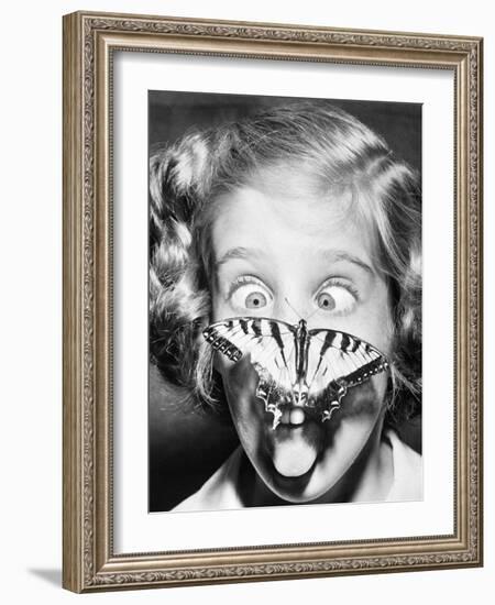 Butterfly Perched on Girl's Nose-null-Framed Photographic Print