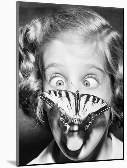 Butterfly Perched on Girl's Nose-null-Mounted Photographic Print