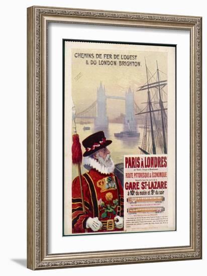 By Rail and Sea from Paris to Brighton or London Featuring a Beefeater and Tower Bridge 1 of 8-René Péan-Framed Art Print