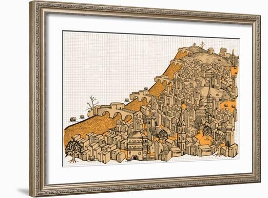 By the River a Big City with Hundred of Ungroupable Hand-Drawn Buildings-RYGER-Framed Art Print
