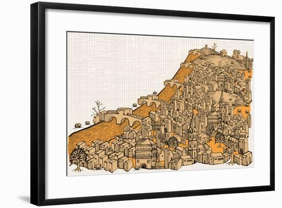 By the River a Big City with Hundred of Ungroupable Hand-Drawn Buildings-RYGER-Framed Art Print
