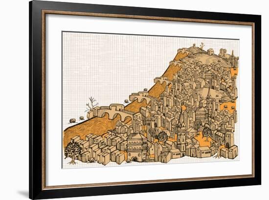 By the River a Big City with Hundred of Ungroupable Hand-Drawn Buildings-RYGER-Framed Art Print