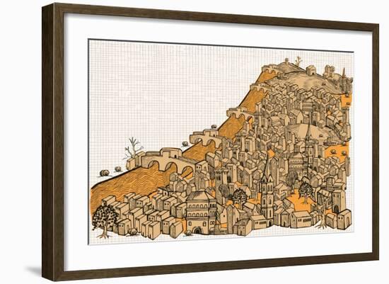 By the River a Big City with Hundred of Ungroupable Hand-Drawn Buildings-RYGER-Framed Art Print