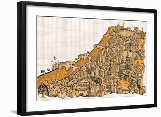 By the River a Big City with Hundred of Ungroupable Hand-Drawn Buildings-RYGER-Framed Art Print