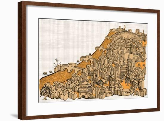 By the River a Big City with Hundred of Ungroupable Hand-Drawn Buildings-RYGER-Framed Art Print