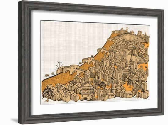 By the River a Big City with Hundred of Ungroupable Hand-Drawn Buildings-RYGER-Framed Art Print