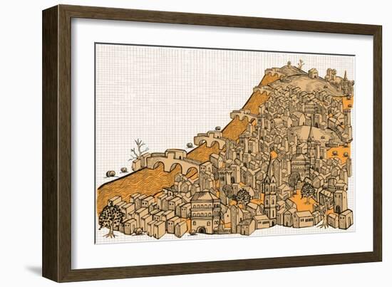 By the River a Big City with Hundred of Ungroupable Hand-Drawn Buildings-RYGER-Framed Art Print